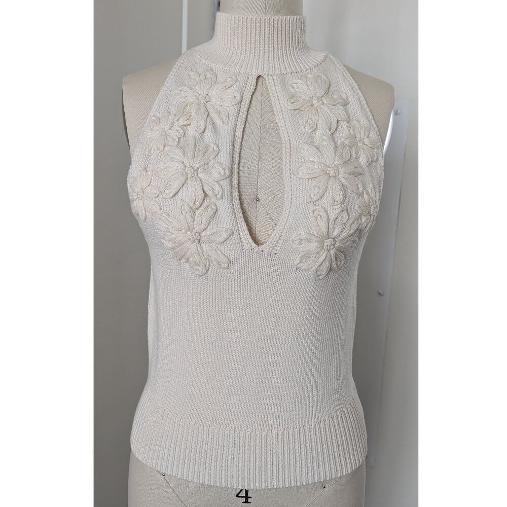 BCBGMAXAZRIA Ivory Fully Fashioned Knit Floral High Neck Tank Size S